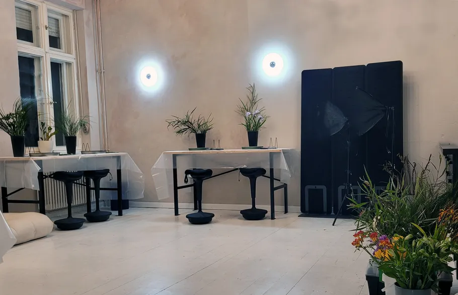 Tables in a lit room with plants.