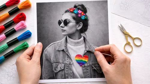 Hands embroidering colorful heart on black-and-white photo.