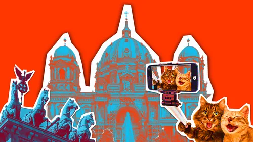 Cats taking selfie in front of cathedral.