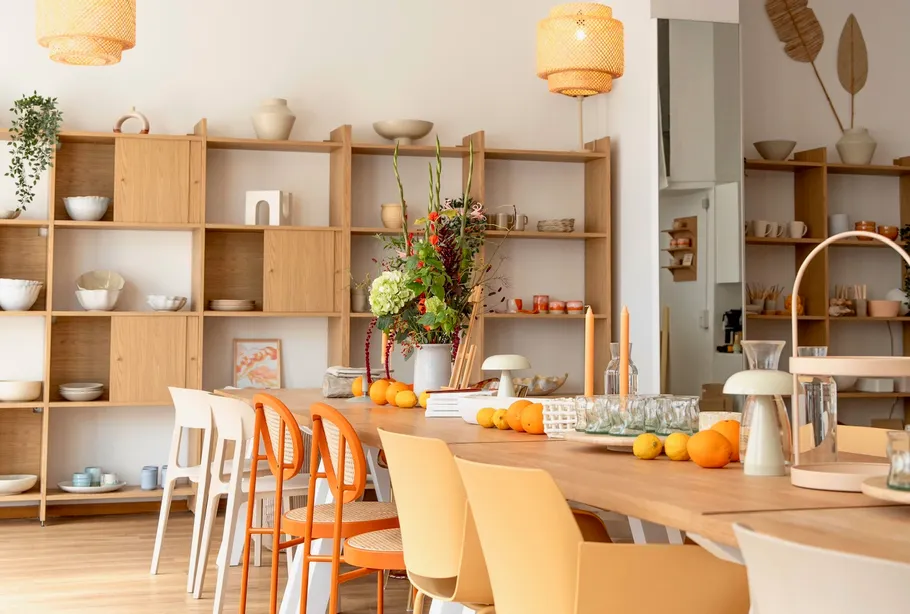Modern dining area with wooden shelves.