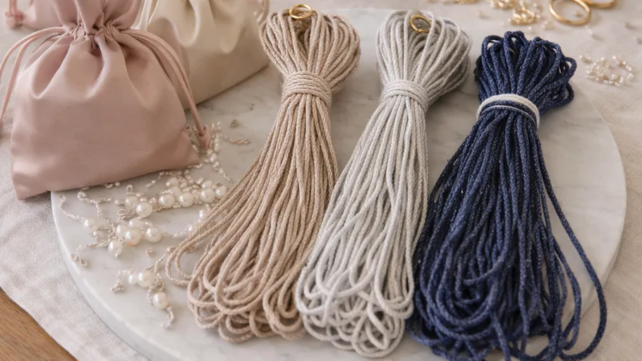 Three bundles of cords on a table.