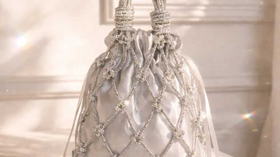 Elegante Perlen-Tasche mit Kordelzug im Raum.