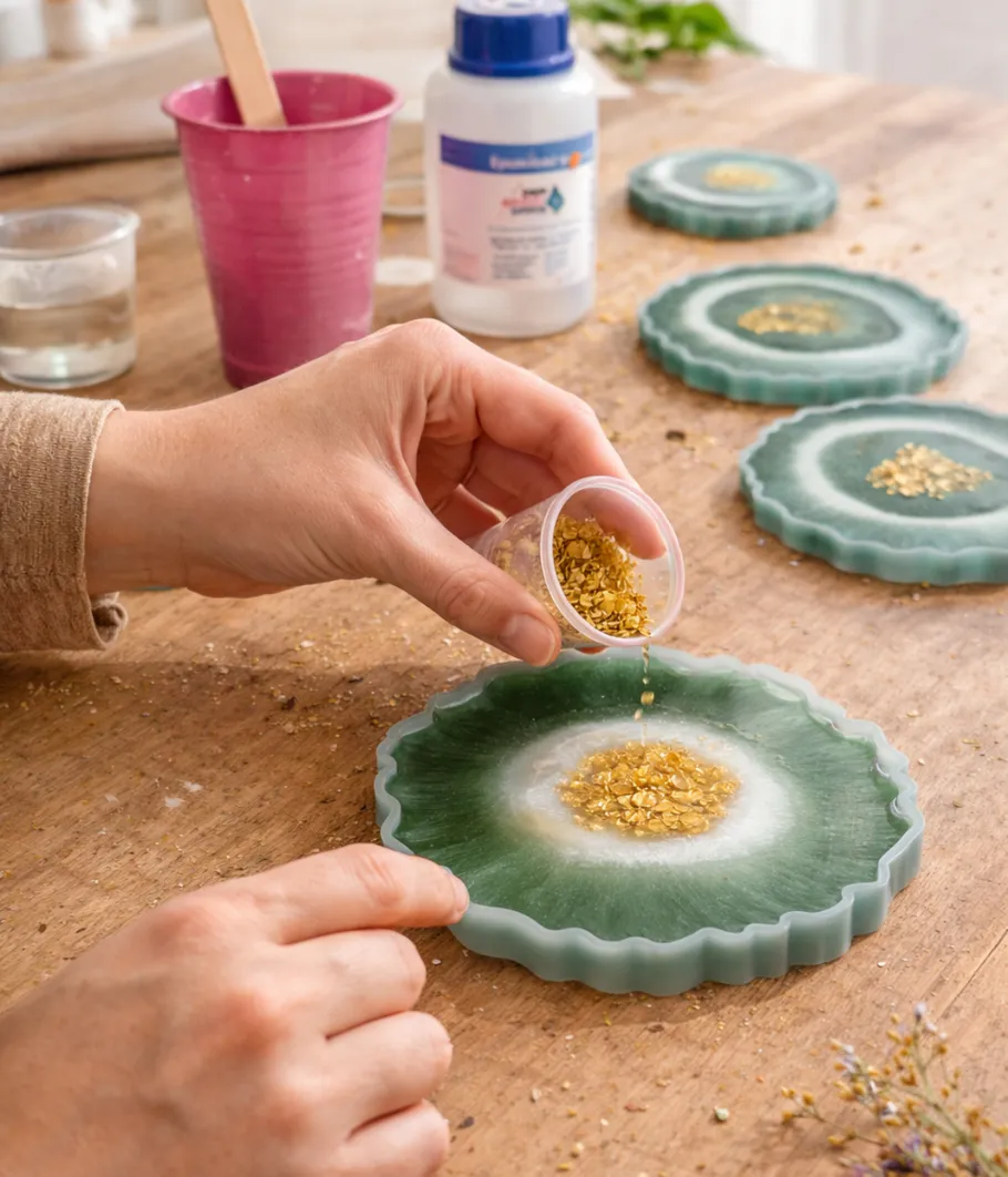 Hand pouring gold flakes onto resin coaster.