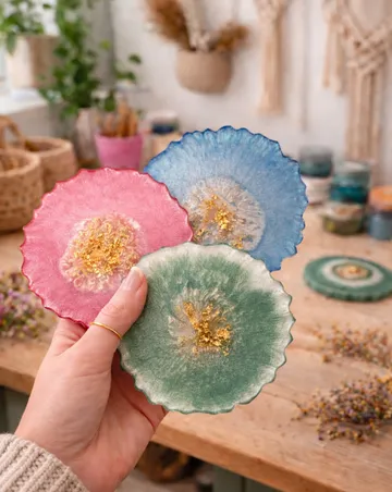 Hand hält bunte Resin-Untersetzer im Studio.