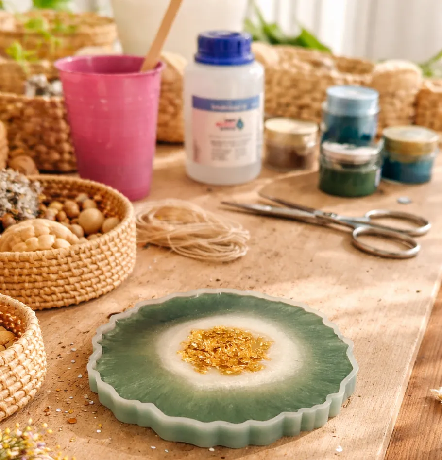 Harzuntersetzer mit Goldflocken auf Basteltisch.