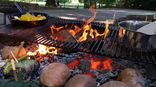 Campfire cooking with grill and pots outdoors.