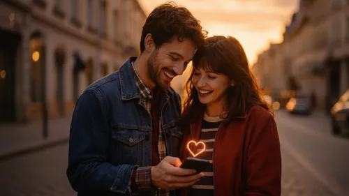 Couple smiles at phone, heart overlay in street.