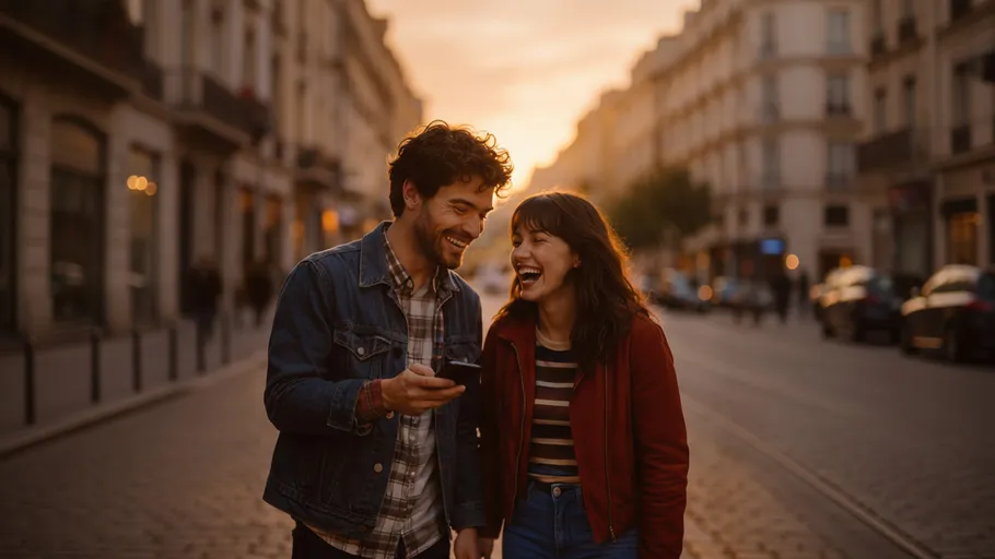 Couple laughing, walking down city street.