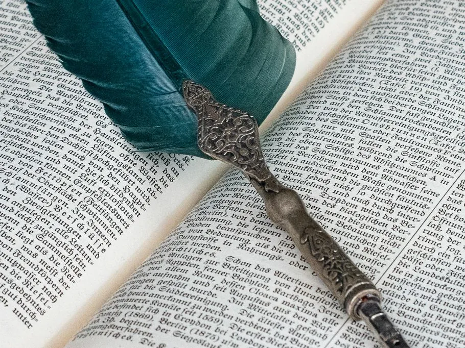Pen and ink lie on opened book pages.