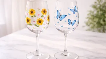 Zwei Gläser mit Blumen- und Schmetterlingsmotiven.
