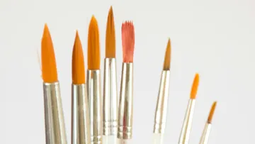 Verschiedene Pinsel mit orange Borsten senkrecht gezeigt.