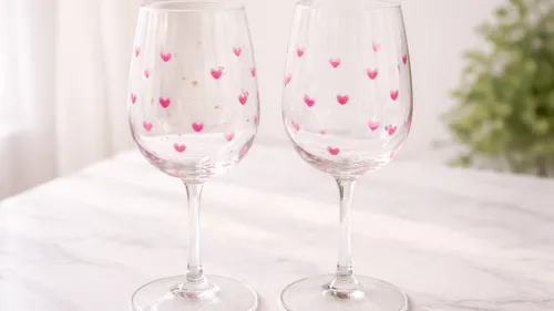 Two heart-patterned wine glasses on table.