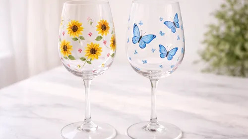 Two wine glasses with floral and butterfly designs.