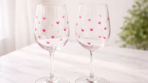 Zwei Weingläser mit rosa Herzmustern.