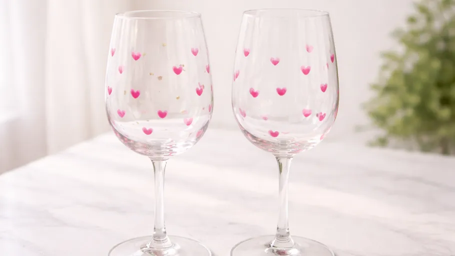 Two wine glasses with pink heart patterns.