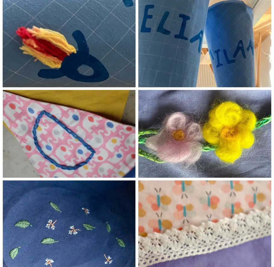 Colorful fabric crafts with embroidered designs.