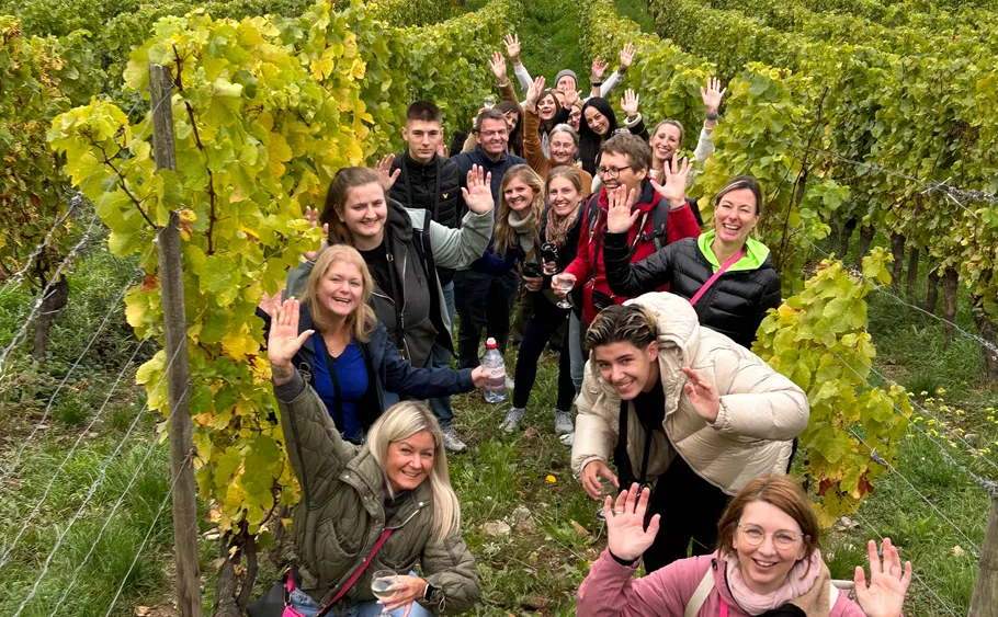 Gruppe Menschen winkt im Weinberg.