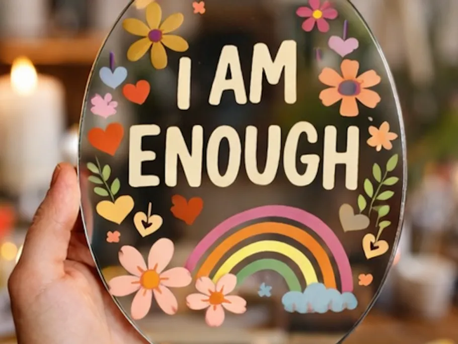 Hand holding a decorative sign with text.