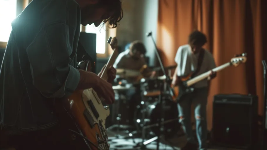 Band playing music in a dimly-lit room.