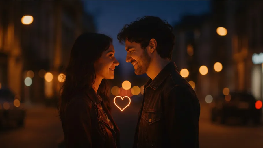 Couple smiling at each other on city street.