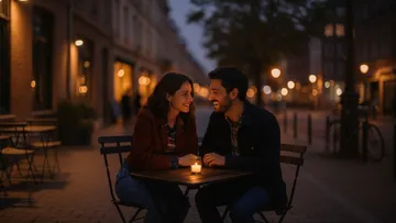 Couple laughing at candlelit table outside evening café.