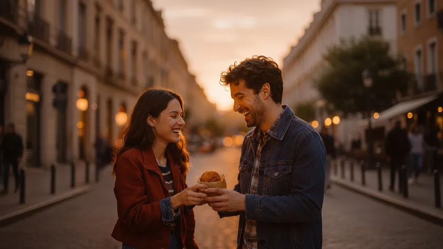 Couple shares pastry, smiling on city street.