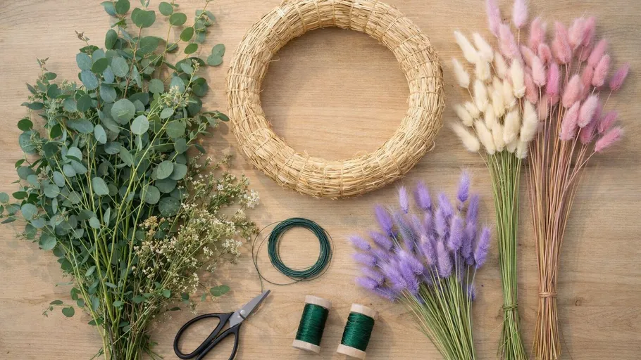 Blumenmaterialien für Kranzbasteln angeordnet.