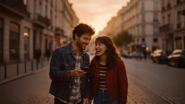 Couple walking, laughing, city street at sunset.