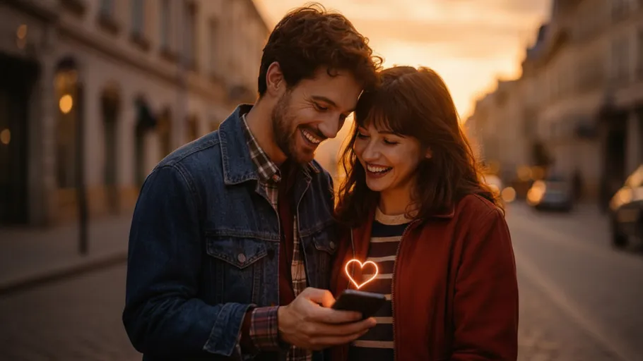Couple smiling at smartphone in city street.