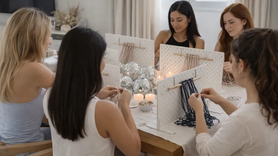 Women crafting macramé at a decorated table.