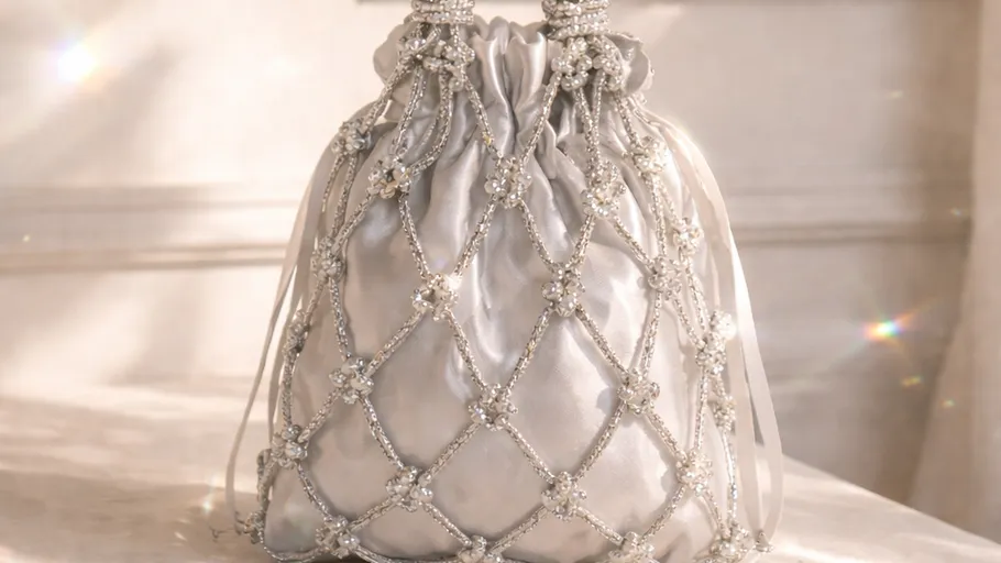 Elegant beaded drawstring bag on table.
