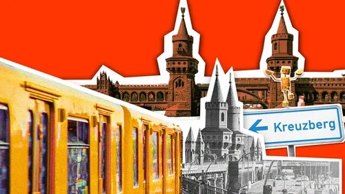 Berlin bridge and train collage with sign.