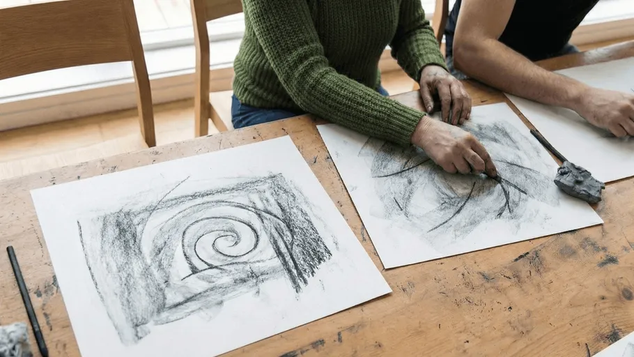 Person drawing abstract art on paper.
