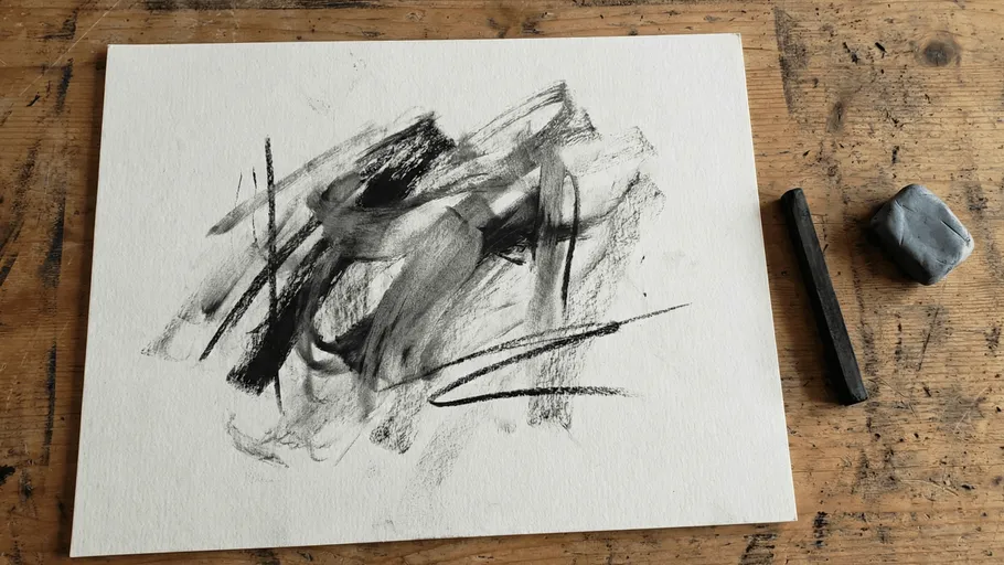 Abstract charcoal drawing on wooden table.