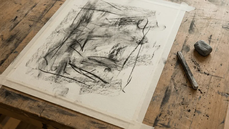 Charcoal drawing on paper with tools on table.