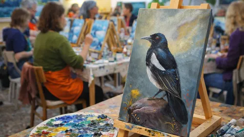 Painting of bird on easel in art class.