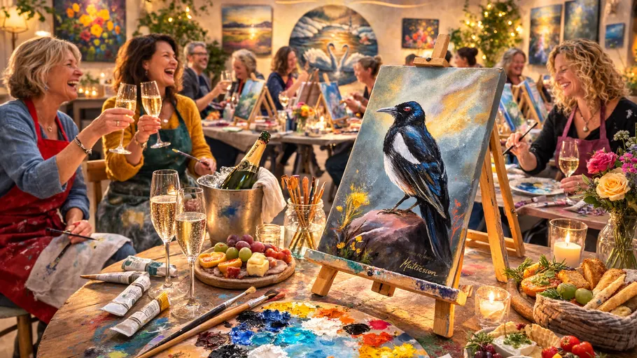 People painting and drinking at art studio.