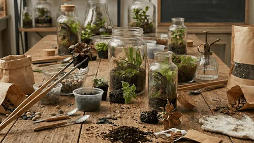 Jars with plants on wooden table.