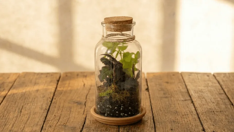 Geschlossenes Terrarium mit Pflanzen auf Holztisch.