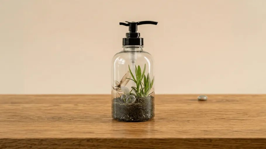 Bottle with plants inside on wooden surface.