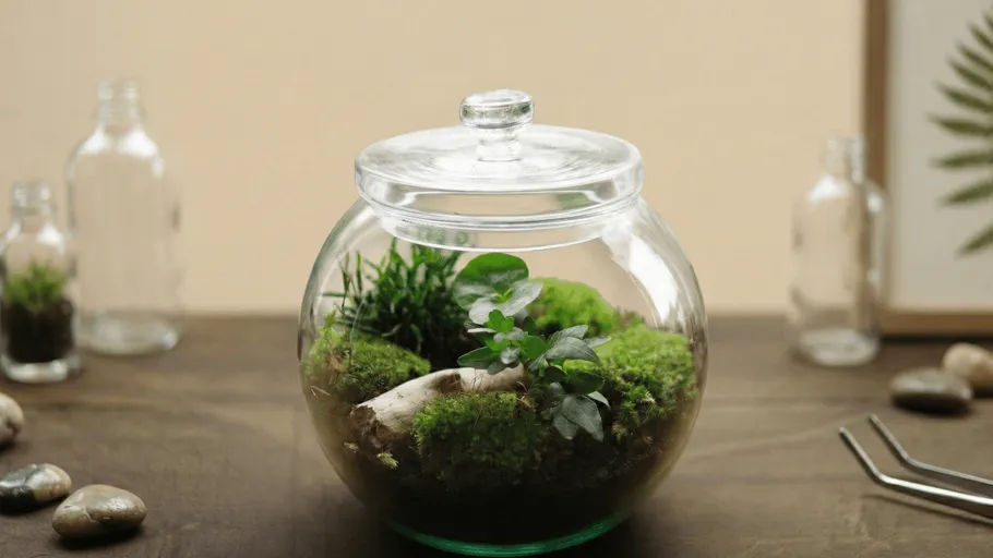 Glass terrarium with plants on wooden table.