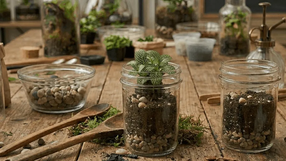 Plants in jars on rustic wooden table.