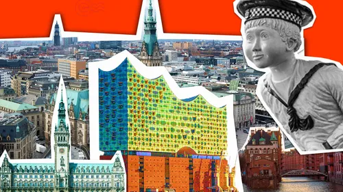 Collage of Hamburg landmarks and statue.