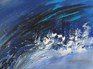 Abstrakte Malerei mit blauen und weißen Farben, dynamische Welle.