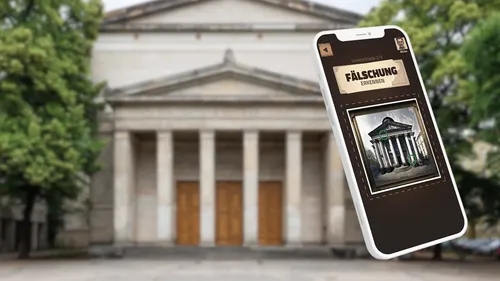 Smartphone displaying app against white building backdrop.