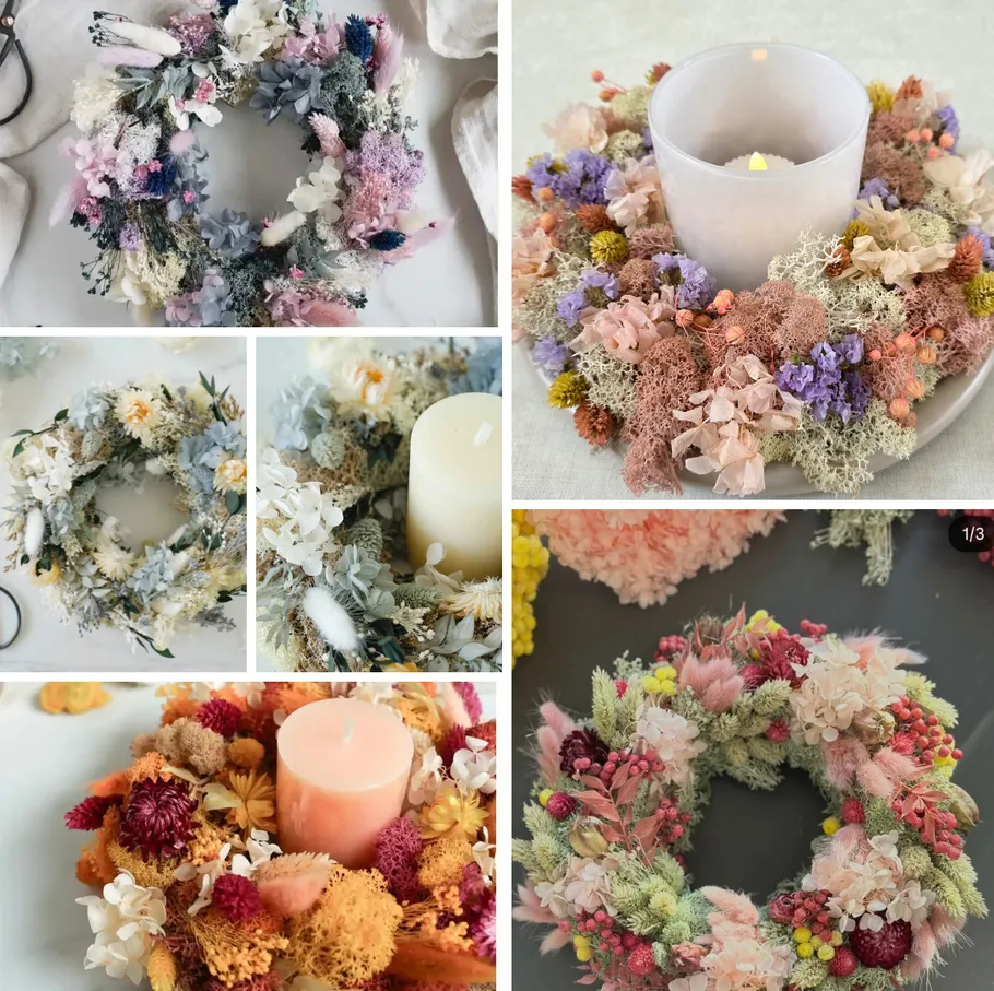 Bunte Blumenkränze mit Kerzen präsentiert.