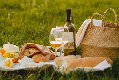 Picnic setup with wine on grassy field.