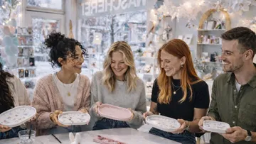 Five people happily decorating plates in a shop.