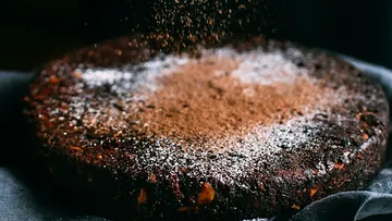 Kuchen mit Kakaopulver bestreut.