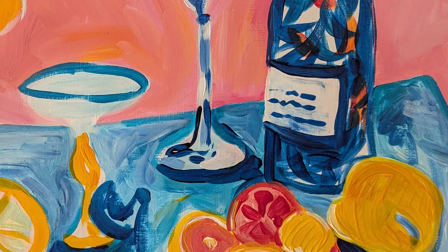 Colorful still-life with fruits, bottle, candles.